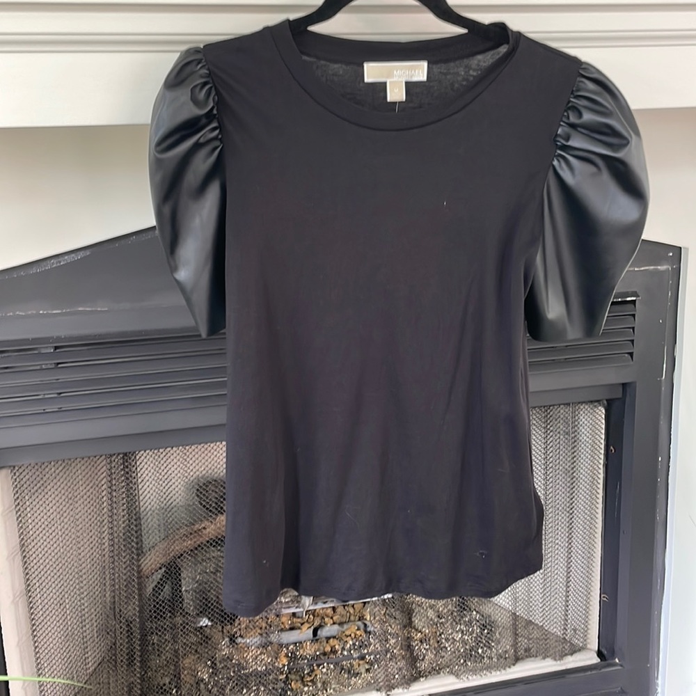 Michael kors black knit top with faux leather puff sleeves size medium GUC